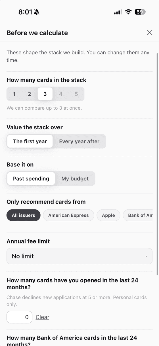 The Before we calculate screen: cards in the stack, value over the first year or every year after, past spending or budget, issuers, annual fee limit and recent applications