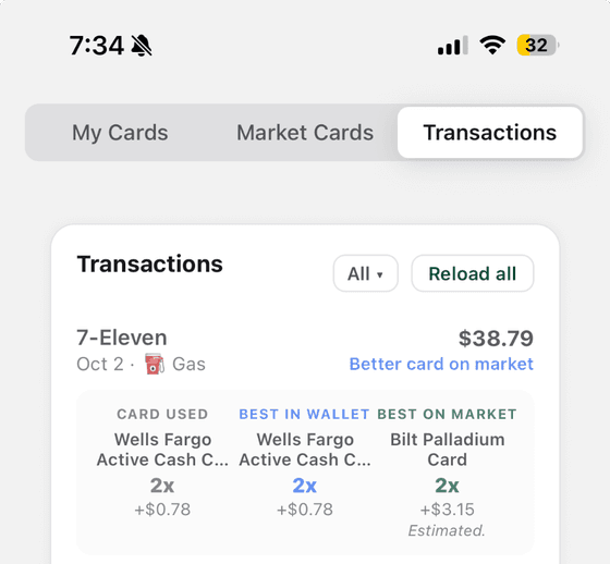 A 7-Eleven purchase expanded: card used earned $0.78, the best card on the market would have earned an estimated $3.15